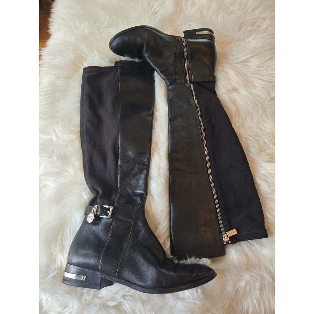 Michael Kors Black Leather Boot with Silver MK Charm